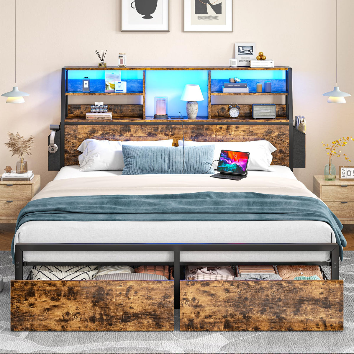 Queen Bed Frame with Storage Headboard and 2 Drawers Y730868